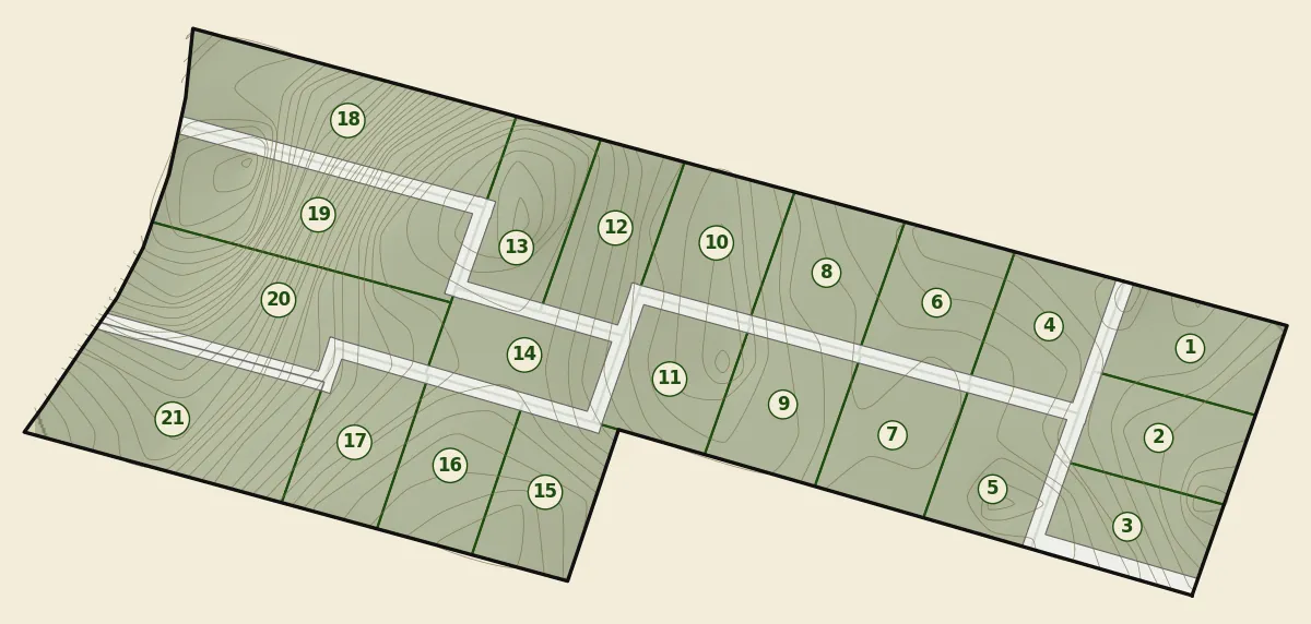 Plano del loteo: 21 parcelas numeradas y la servidumbre de acceso sobre el relieve
