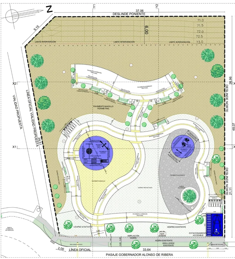 Plano de diseño de la plaza, con senderos, juegos y áreas verdes